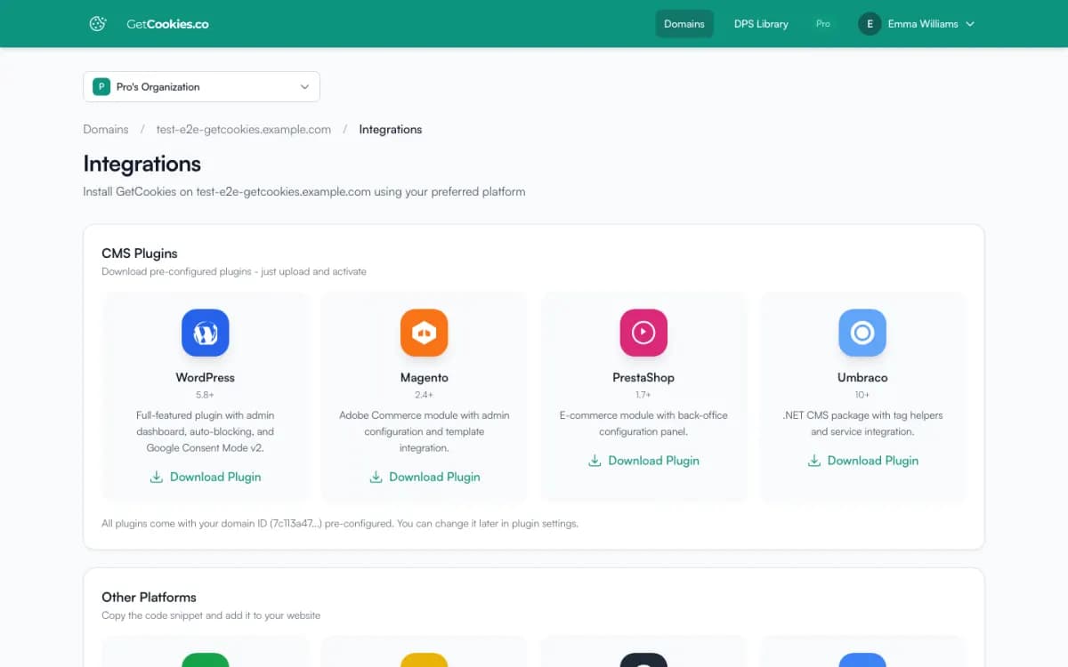 Integrations page with Download Plugin buttons for WordPress 5.8+, Magento 2.4+, PrestaShop 1.7+ and Umbraco 10+
