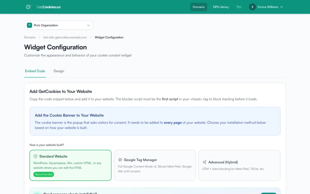 Embed Code tab offering three install methods: Standard Website, Google Tag Manager and Advanced (Hybrid)